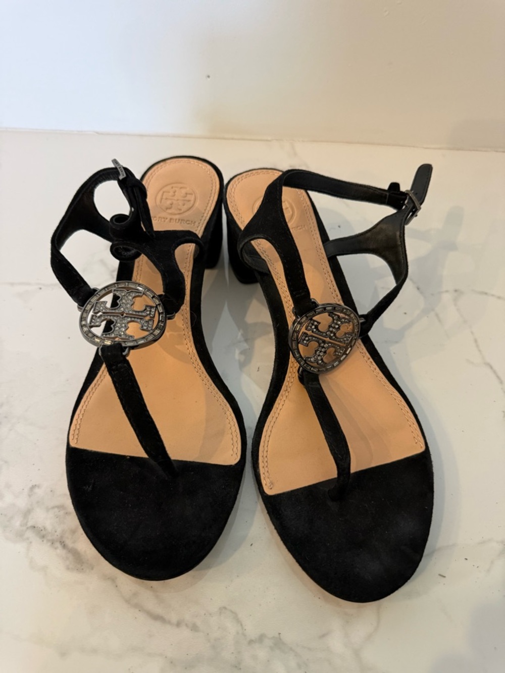 Tory Burch Black Suede T-Strap Sandals with Silver Logo